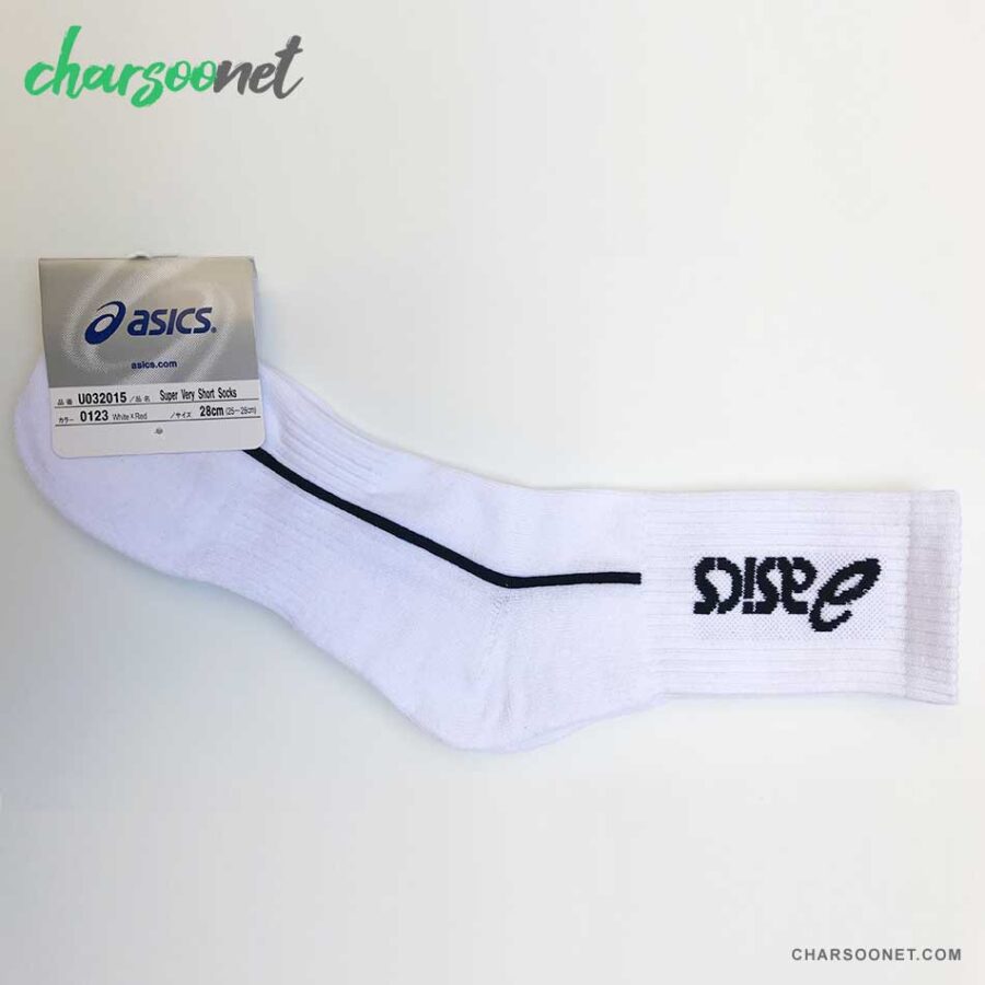 جوراب ورزشی حوله ای طرح اسیکس سفید ساق بلند